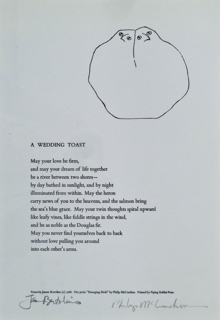 Philip McCracken (b.1928 Washington) ''Emerging Birds'': Philip McCracken (b.1928 Washington) ''Emerging Birds'' 1988 Lithograph on Arches 13.5''x9.5'' Sheet. Includes ''A Wedding Toast'' poem by James Bertolino. Pencil signed by both artists lower margin. 