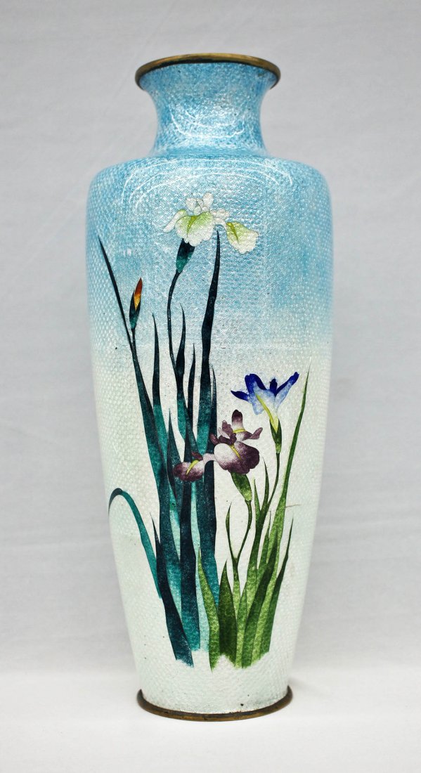 Ota Toshiro Signed Japanese Ginbari Cloisonne Iris Vase