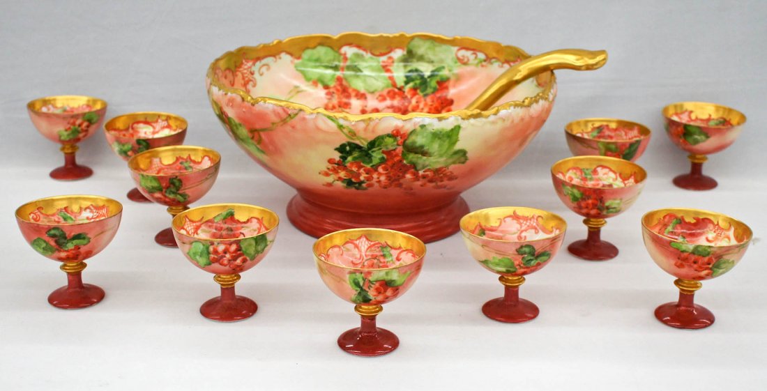 12pc T&V Limoge Hand Painted Porcelain Punch Bowl Set.: 12pc T&V Limoge Hand Painted Porcelain Punch Bowl Set. Punchbowl measures 6''x13'', ladle 12'', and each cup is 3'' tall. Excellent condition.