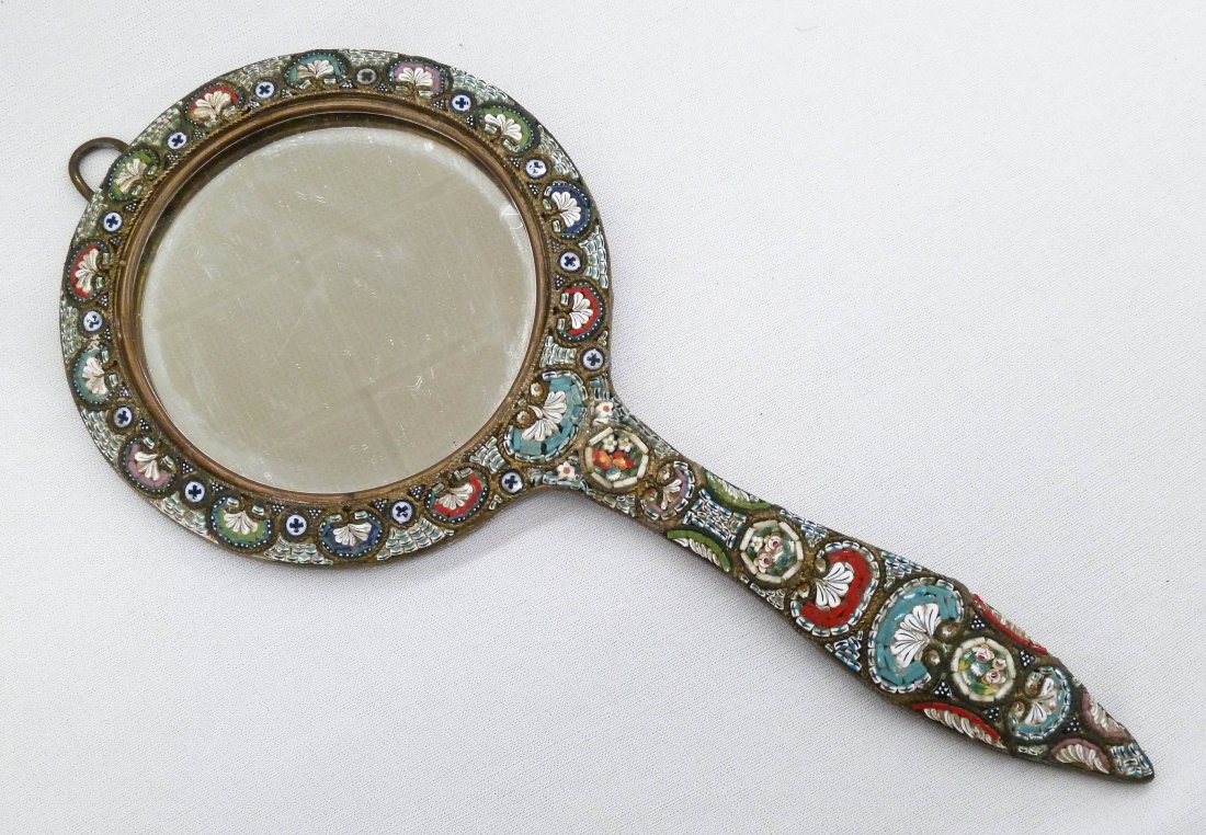 Antique Italian Micromosaic Hanging Hand Mirror: Antique Italian Micromosaic Hanging Hand Mirror 7.5''x3.5''. Excellent condition, grand tour.