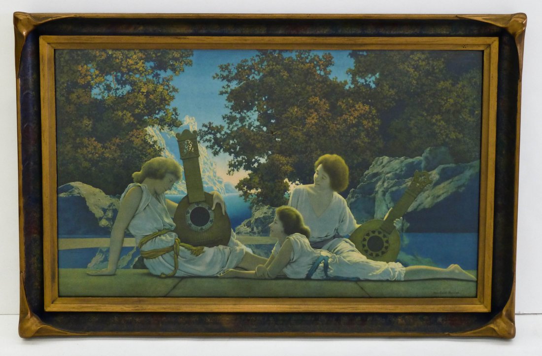 Maxfield Parrish ''The Lute Players'' Art Deco Large: Maxfield Parrish ''The Lute Players'' Art Deco Large Print in Original Piecrust Frame 22.5''x34.5'' Framed. Excellent condition.