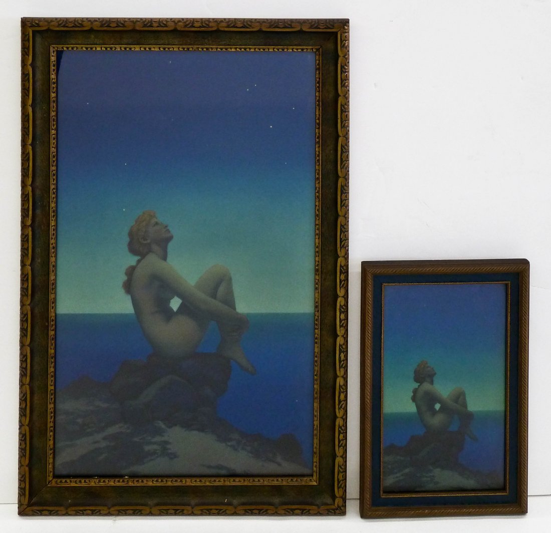 2pc Maxfield Parrish ''Stars'' Art Deco Prints. Large: 2pc Maxfield Parrish ''Stars'' Art Deco Prints. Large print measures 22.5''x14.5'' framed and smaller is 11.5''x7.5''. Excellent condition.