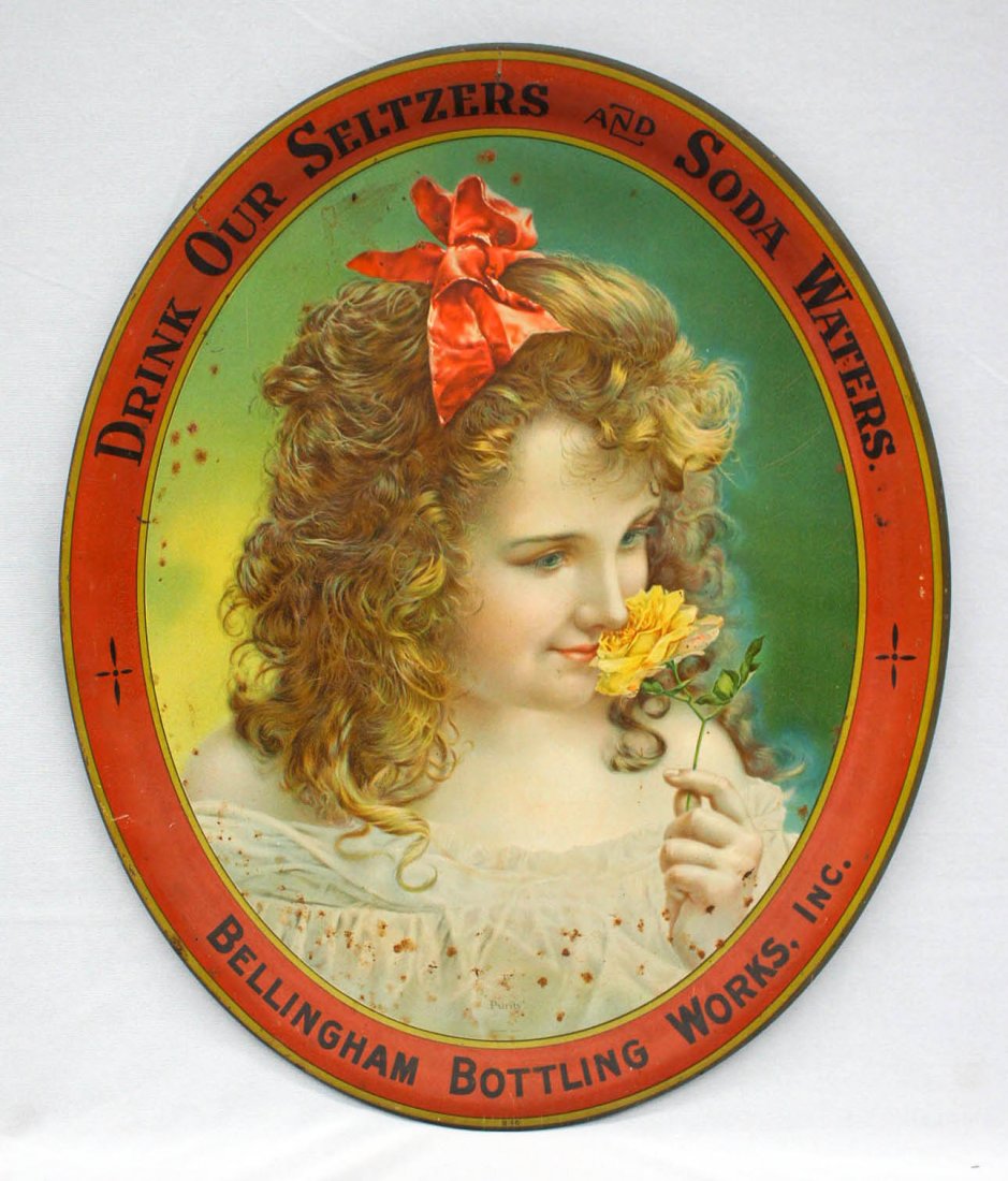 Antique 1904 Bellingham Bottling Works Advertising Tin: Antique 1904 Bellingham Bottling Works Advertising Tin Oval Beer Tray 16.75''x13.75''. Some pitting and light scratches.