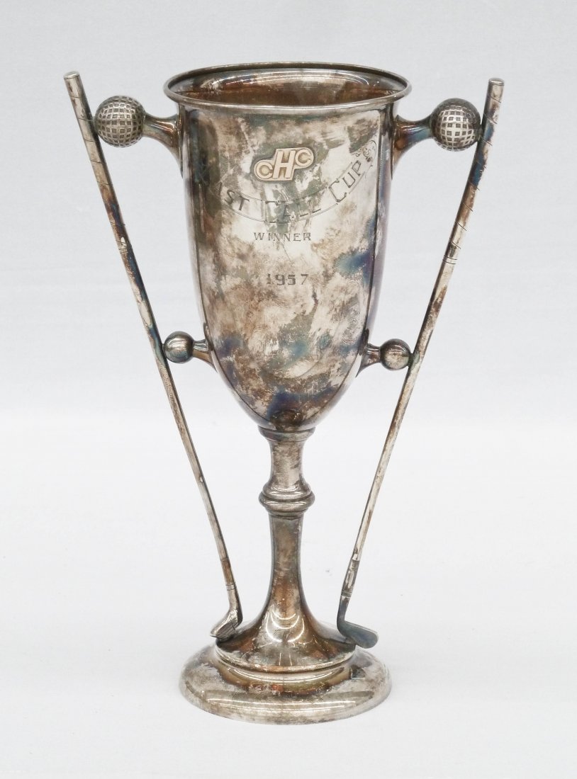 1957 Last Call Cup Figural Sterling Golf Trophy 8.75"x6: 1957 Last Call Cup Figural Sterling Golf Trophy 8.75"x6". Marked 950 and made by K.K. Miyamoto, Japan. Handles are figural golf balls and golf clubs. It weighs 8.3 troy ounces solid.