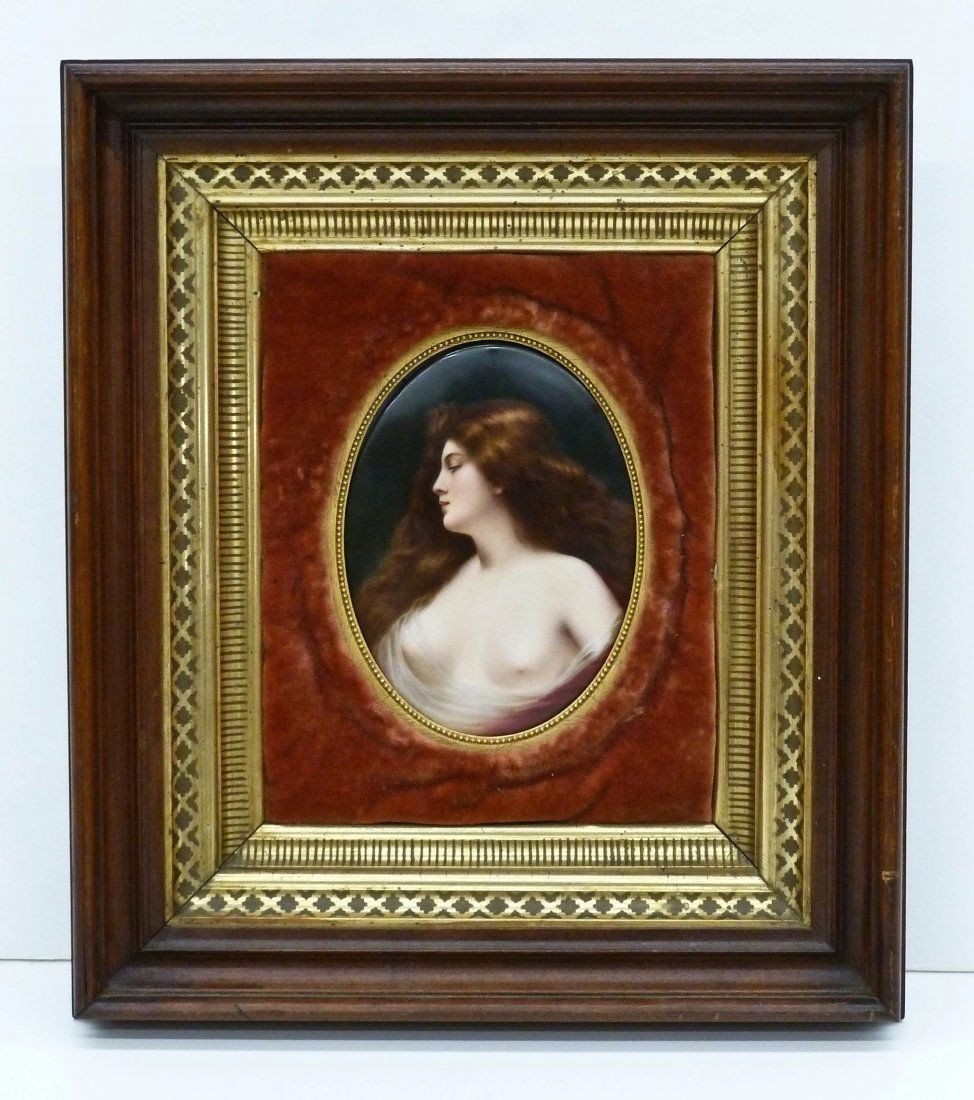 Antique KPM Porcelain Beauty Oval Porcelain Plaque in V: Antique KPM Porcelain Beauty Oval Porcelain Plaque in Victorian Frame 15.5"x13.5". The plaque itself measures 7"x5" and is hand painted. The plaque is not signed, but likely KPM. Excellent condition.