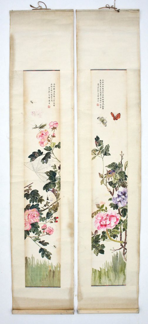 Pair Old Chinese Blossoming Flower with Insects Scroll: Pair Old Chinese Blossoming Flower with Insects Scroll Paintings 51''x8.5'' Image. Both are signed and have three panels of calligraphy. 19th/20th century.