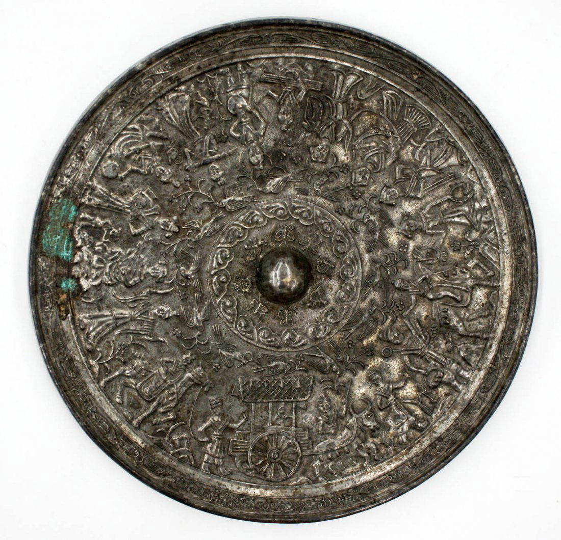 Antique Chinese Silvered Bronze Hand Mirror 8.5'': Antique Chinese Silvered Bronze Hand Mirror 8.5'' Diameter. Depicts various figures playing instruments and riding horses. Excellent condition. Qing dynasty.