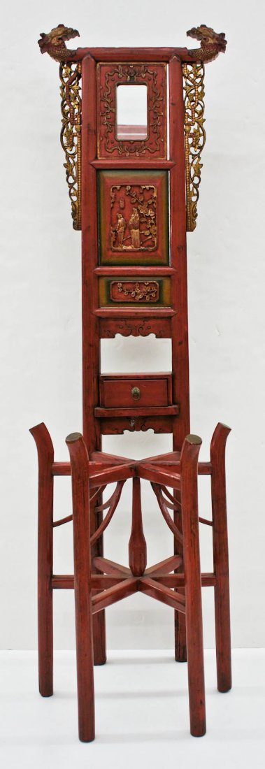 Antique Chinese Lacquered Wood Wash Basin Stand: Antique Chinese Lacquered Wood Wash Basin Stand 64''x18''. Gilt and pierced carved wood washstand with figural dragon head finials. Qing dynasty.