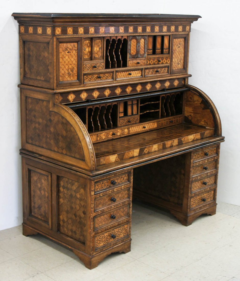 Impressive Meiji Japanese Inlaid Wood RollTop Desk