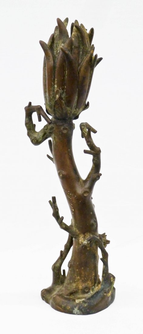 Antique Chinese Bronze Buddhist Hand Citron Statue: Antique Chinese Bronze Buddhist Hand Citron Statue 13.75''x3.75''. Early bronze figure of naturalistic blossoming fruit. Old repair at tip of branch under the fruit itself. 17th/18th century.