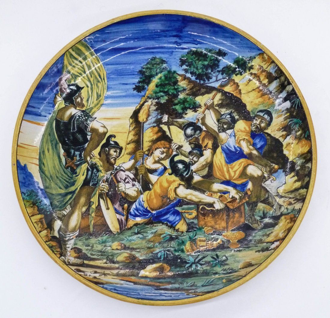 Antique Italian Faience Majolica Pottery Charge with: Antique Italian Faience Majolica Pottery Charge with Battle Scene 19''x2''. Finely polychromed enameled with eight warriors fighting over chest of gold in landscape. Signed with a rooster mark on vers
