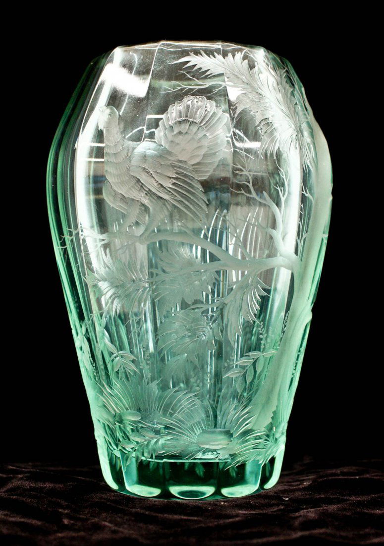 Moser Intaglio Cut Forest Scene Art Glass Vase - Aug 14, 2014 | MBA