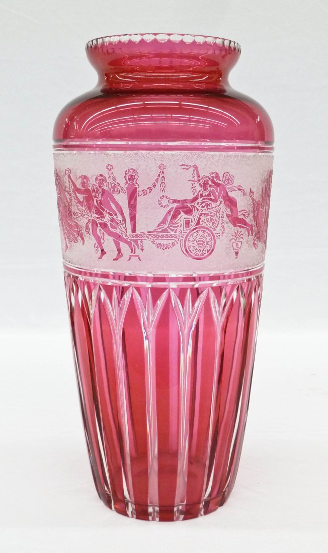 Val St. Lambert ''Danse de Flore'' Cut to Clear Art: Val St. Lambert ''Danse de Flore'' Cut to Clear Art Glass Vase 11.75''x5.5''. Cranberry coloring cut and acid etched to clear. Acid signature on bottom.