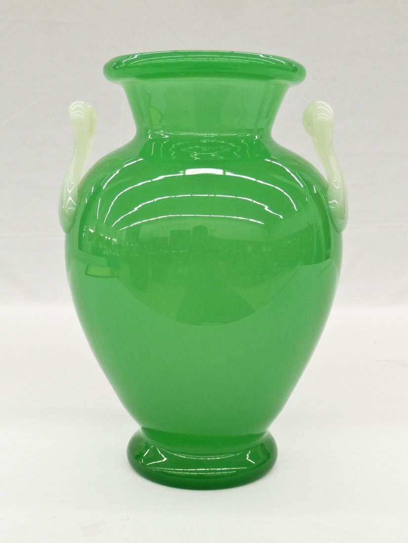 Steuben Green Jade Handled Art Glass Amphora Form Vase: Steuben Green Jade Handled Art Glass Amphora Form Vase 10.5''x7''. Alabaster white handles designed by Frederick Carder.
