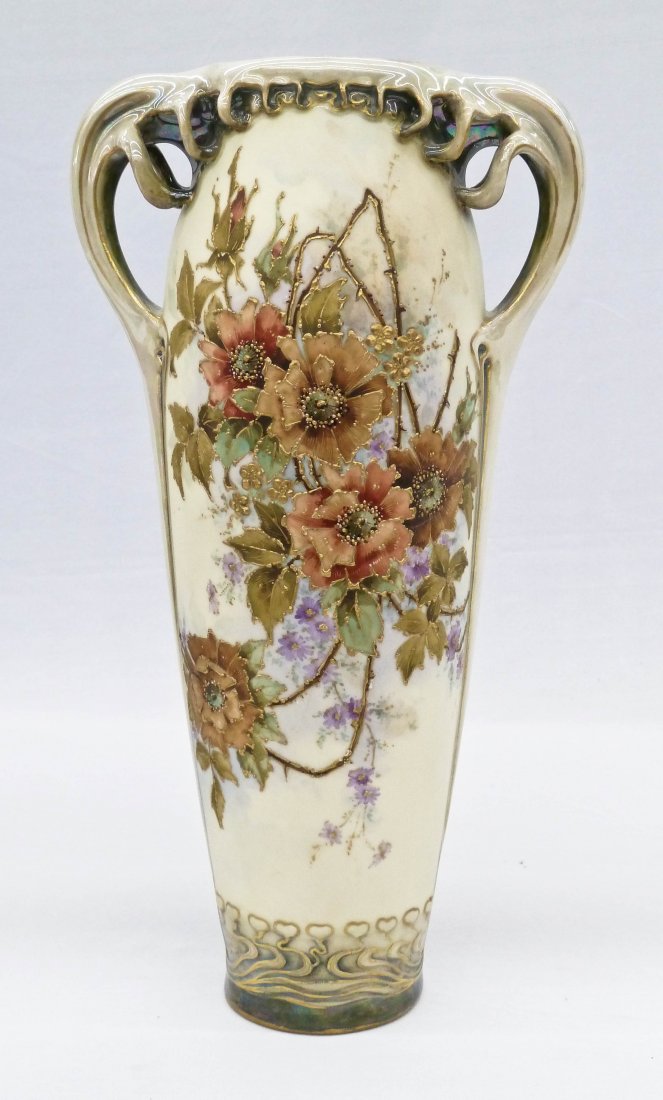 Teplitz Amphora Art Nouveau Floral Gilt Vase: Teplitz Amphora Art Nouveau Floral Gilt Vase 13''x6.75''. Naturalistic tree root handles with gilt enameled blossoming flower motifs. Unmarked with impressed 538 form number on bottom.