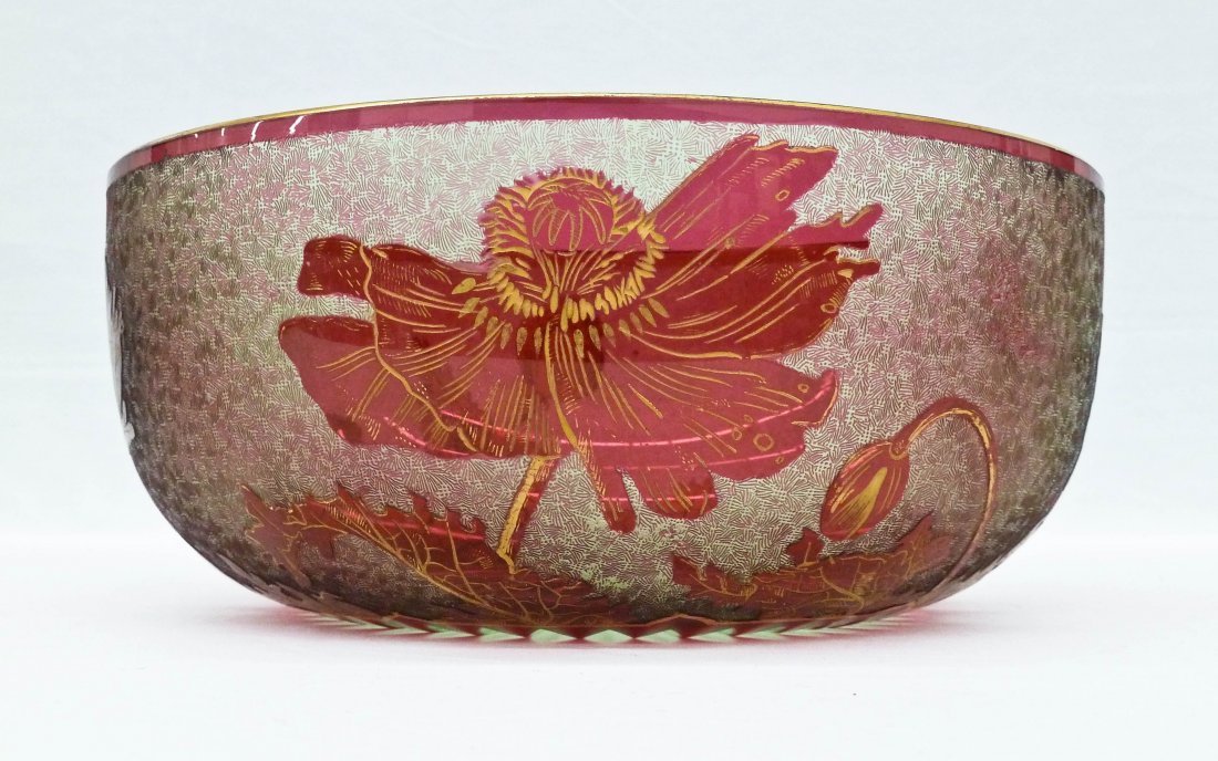 Antique Baccarat Acid Etched Poppy Cranberry Glass Bowl: Antique Baccarat Acid Etched Poppy Cranberry Glass Bowl 4''x9.75''. Green to cranberry red cut to clear body with gilt accents. Unsigned, similar to Val St. Lambert.