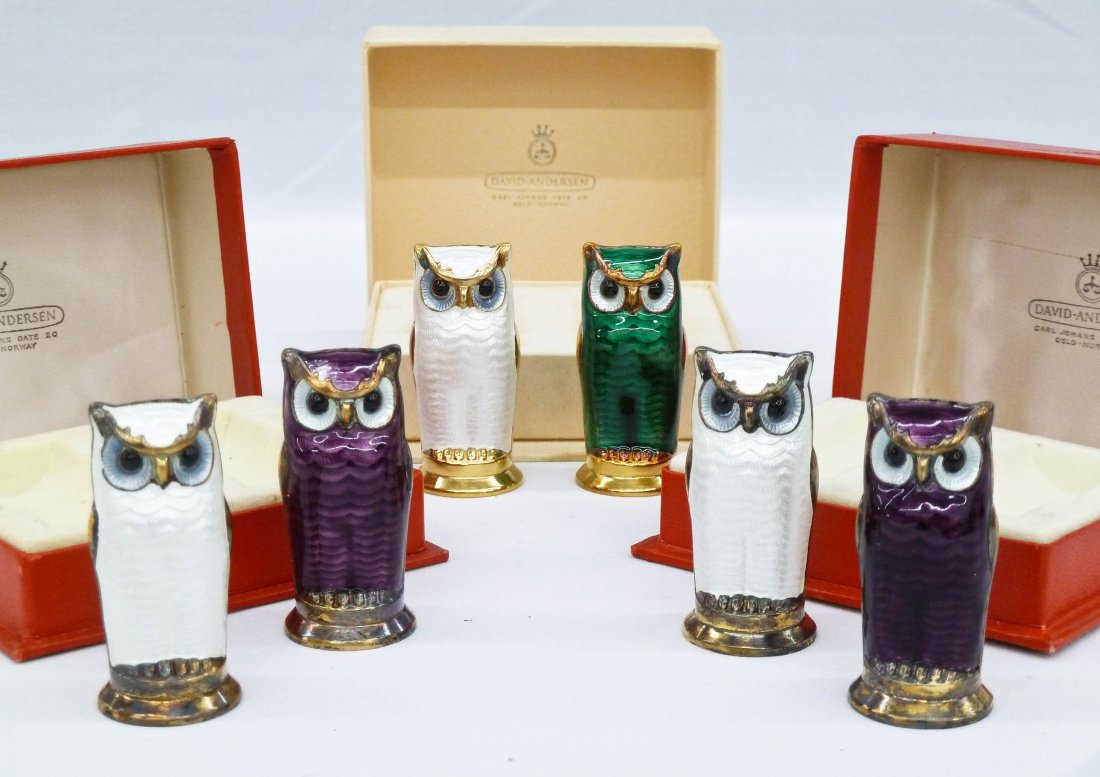(3) Pairs David Andersen Norway Enameled Sterling Owl: (3) Pairs David Andersen Norway Enameled Sterling Owl Salt & Pepper Shakers 2.25'' Each. Each figural set comes unused in original box in white, green, and amethyst enameling. All were compliments of