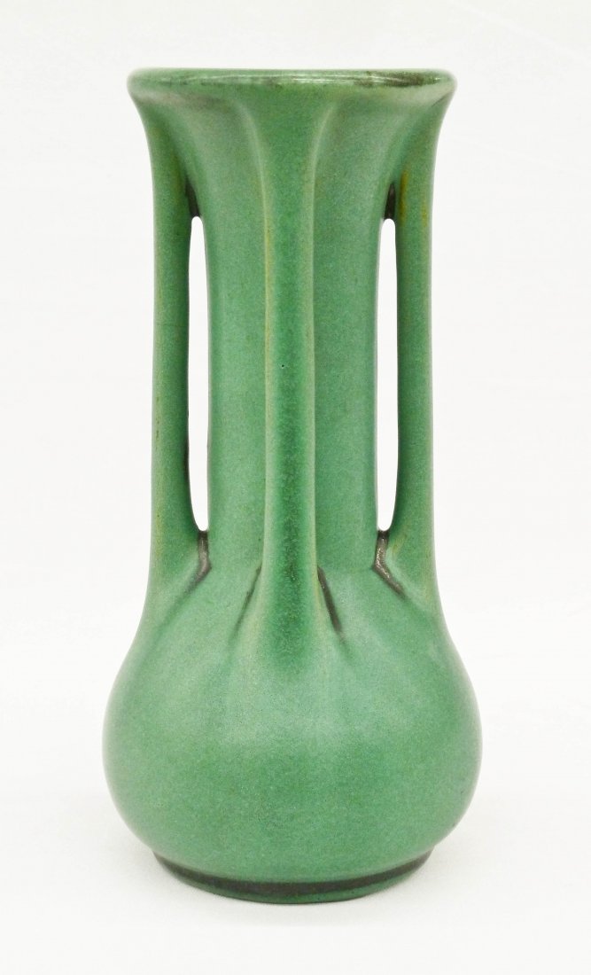 Teco Four Handled Buttressed Green Pottery Bud Vase: Teco Four Handled Buttressed Green Pottery Bud Vase 6.75''x3''. Excellent example with pooling glaze at handle ends. Double impressed Teco stamp. Arts & Crafts.