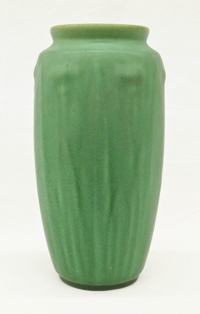 Teco Form 60B Green Floral Art Pottery Vase: Teco Form 60B Green Floral Art Pottery Vase 8.75''x4.25''. Shape was designed by W.D. Gates and Fritz Albert. Tall iris flowers and grasses in relief. Double impressed Teco stamp on bottom. Small kiln
