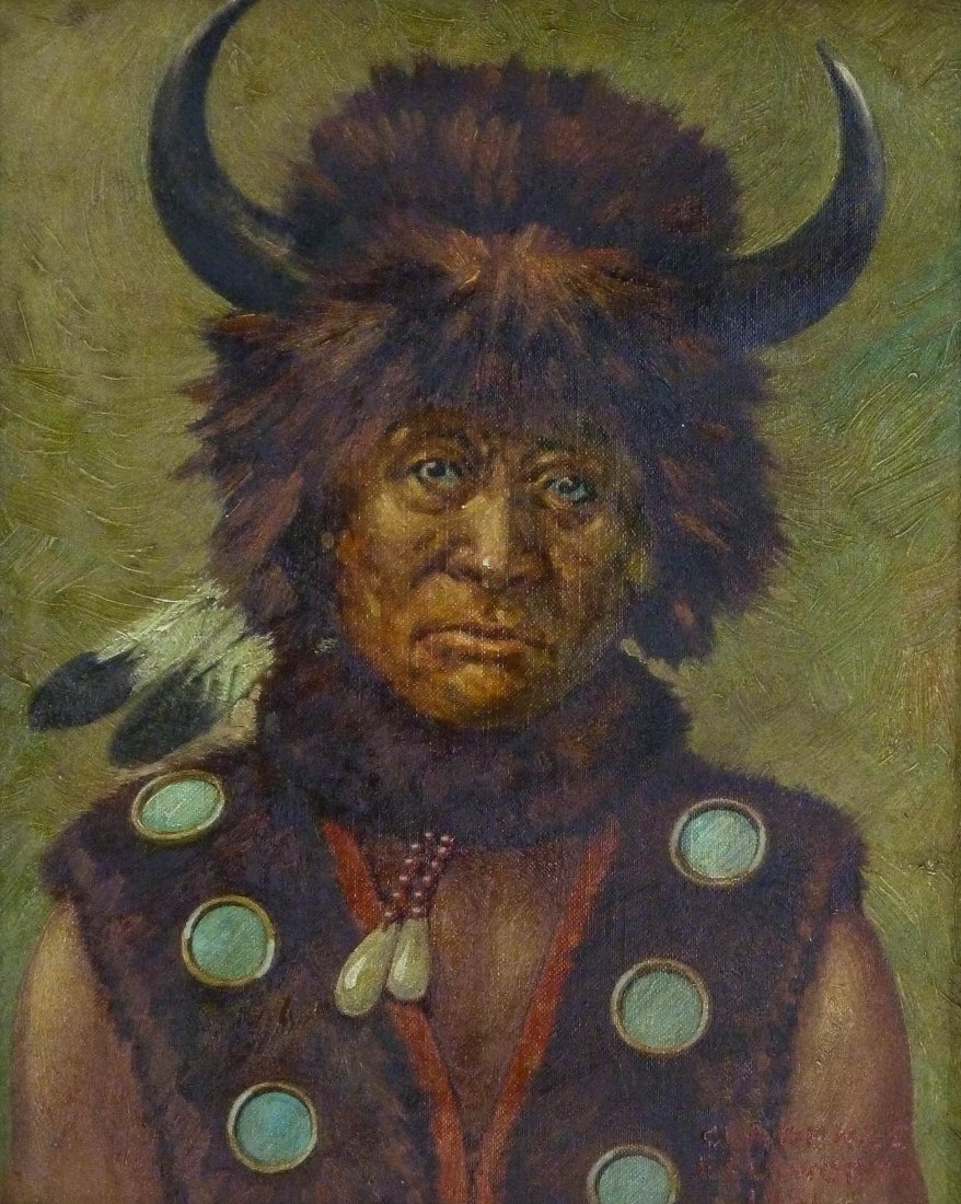 Clarence Ellsworth (1885-1961 California) Indian: Clarence Ellsworth (1885-1961 California) Indian Portrait 1951 Oil on Canvas 10''x8''. Comes in a period gilt 2.5'' frame.