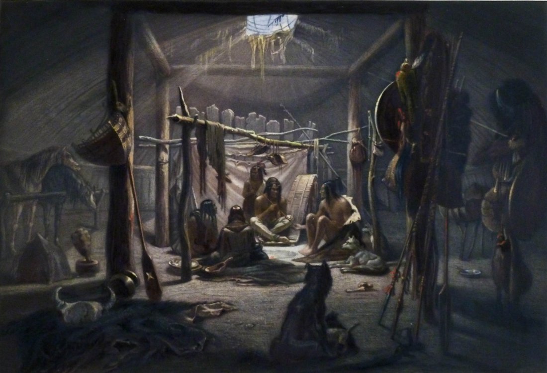 Karl Bodmer (1809-1893 Swiss) ''The Interior of the Hut: Karl Bodmer (1809-1893 Swiss) ''The Interior of the Hut of a Mandan Chief'' Indian Aquatint Engraving 17''x23.75'' Sheet. Published by Ackermann & Co., London with ''C. Bodmer'' blind stamp lower marg