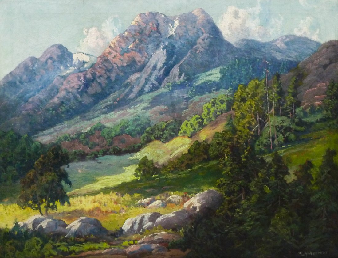 Peter Lanz Hohnstedt (1871-1957 TX/OH) Untitled: Peter Lanz Hohnstedt (1871-1957 TX/OH) Untitled Mountain Landscape Oil on Canvas 26''x34''. Impressionist western landscape painting by this well known Texas artist. Comes in a 3'' period silver gilt 
