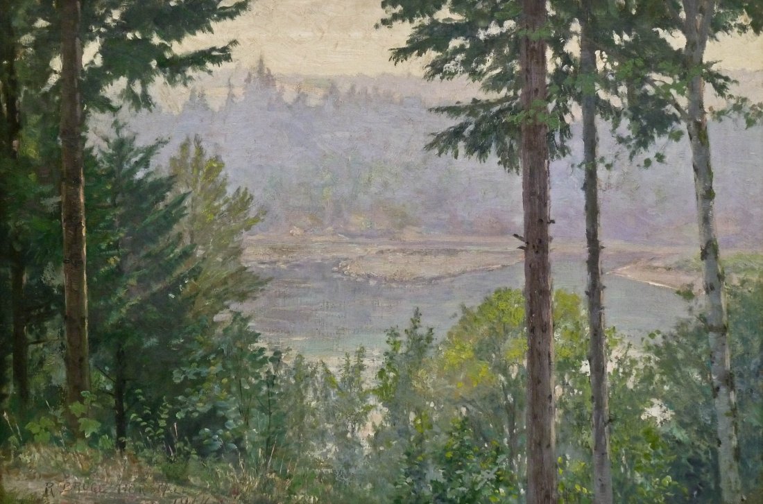 Robert Bruce Horsfall (1869-1948 American) ''The: Robert Bruce Horsfall (1869-1948 American) ''The Willamette in Spring'' 1914 Oil on Canvas 20''x30''. An early Oregon impressionist landscape painting. It has original title and Landscape Club exhibit