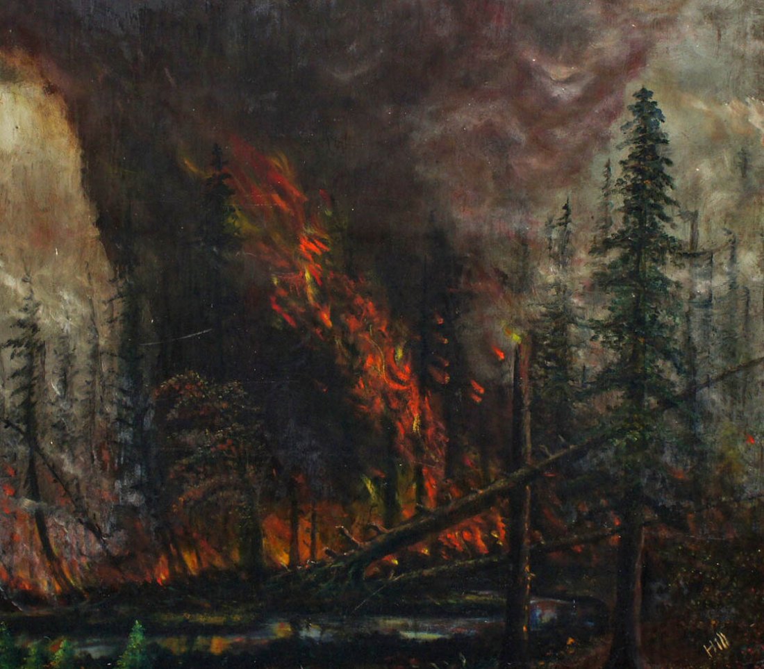 Signed Hill Antique Forest Fire Landscape Oil on Board: Signed Hill Antique Forest Fire Landscape Oil on Board 30''x34''. Possibly the work of Thomas Hill (1929-1908 American) famed western landscape painter. 19th century.