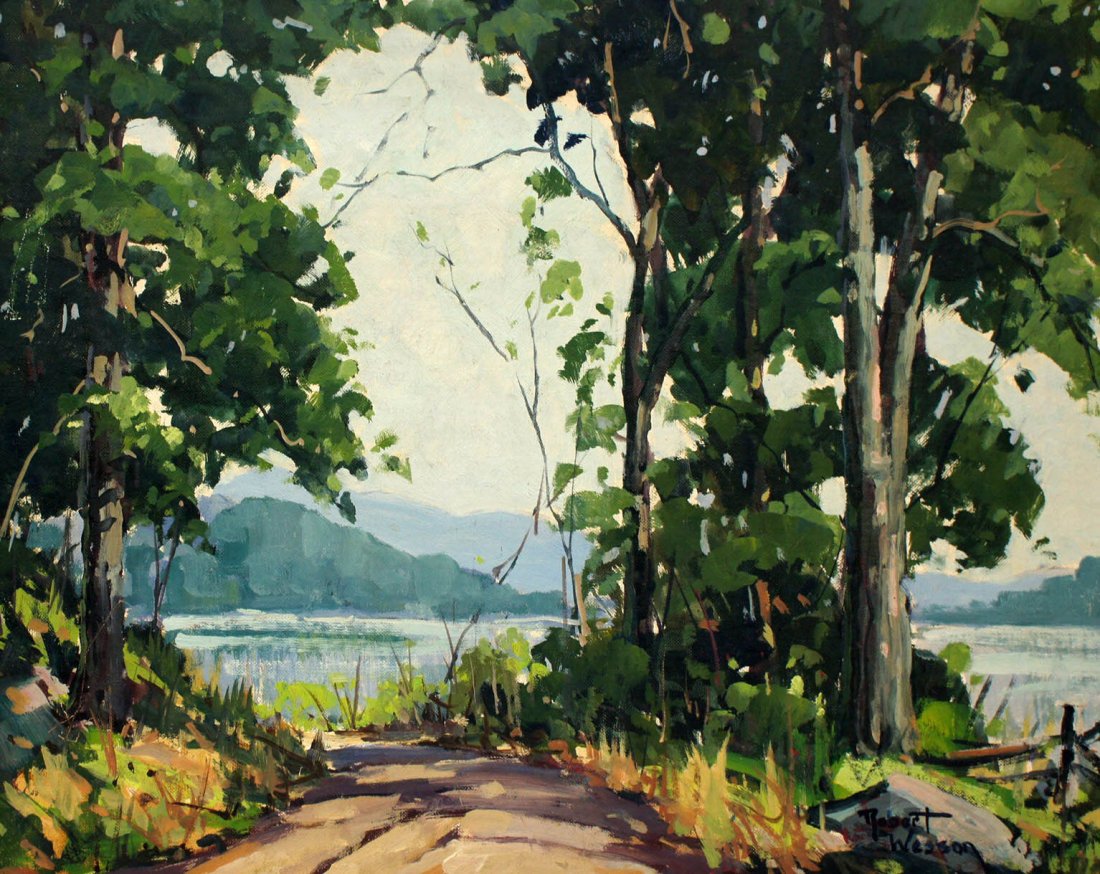 Robert Shaw Wesson (1902-1967 American) Lake Scene: Robert Shaw Wesson (1902-1967 American) Lake Scene Landscape Impressionist Oil on Canvas Board 16''x20''. Signed lower right and inscribed on verso by artist Boston, Massachusetts.