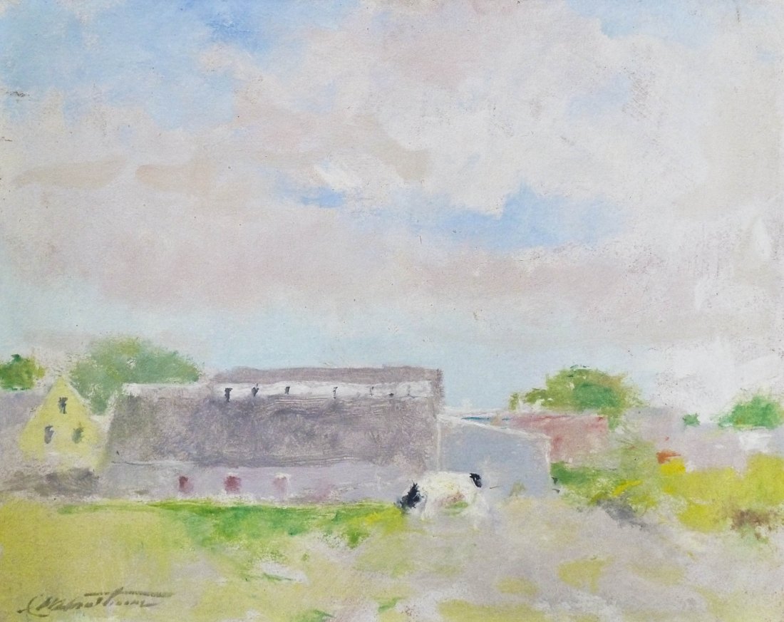 Charles Webster Hawthorne (1872-1930 American) Untitled: Charles Webster Hawthorne (1872-1930 American) Untitled View of Provincetown Oil on Board 16''x20''. Depicts houses and cattle grazing by this famous artist form Massachusetts. Signed lower left with