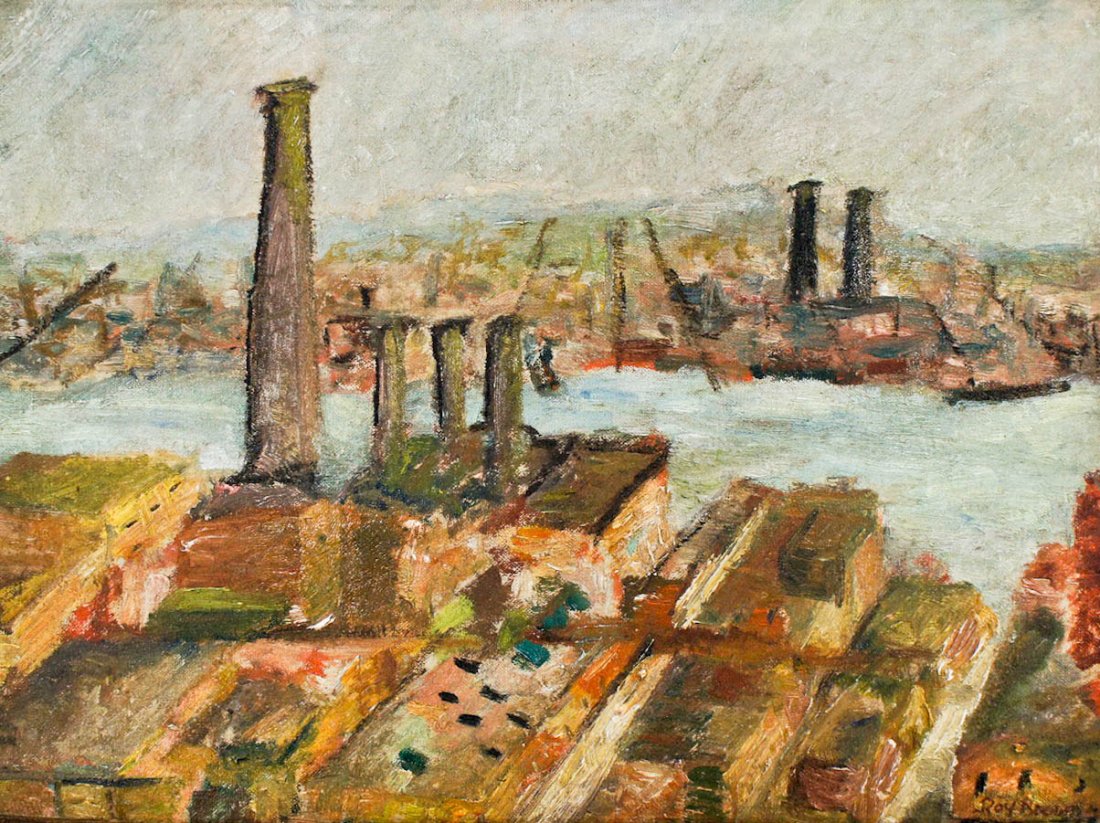 Roy Henry Brown (1879-1956 American) ''East River'' Oil: Roy Henry Brown (1879-1956 American) ''East River'' Oil on Canvas Board 12''x16''. Industrial New York impressionist scene. Signed and titled faintly in pencil on verso. Comes in contemporary gilt 2''