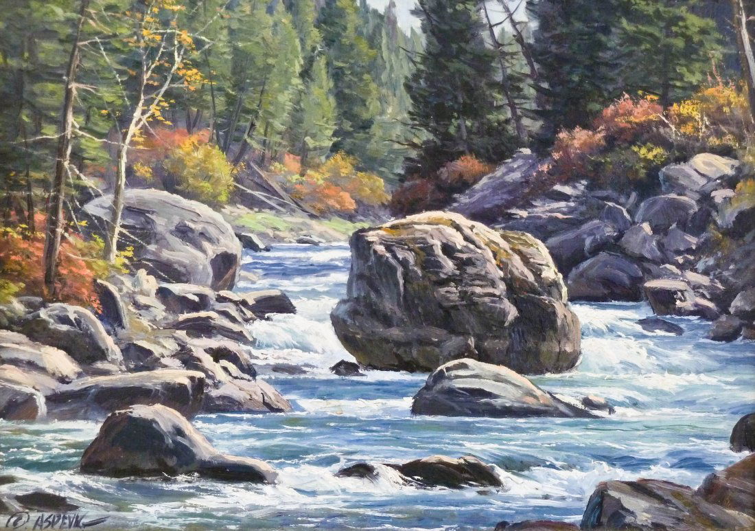 Clyde Aspevig (b.1951 American) Untitled River Scene: Clyde Aspevig (b.1951 American) Untitled River Scene Oil on Board 7.5''x10.5''. Fine impressionist painting by this well known Montana/Colorado artist. Total framed size of 16.5''x19.5''.