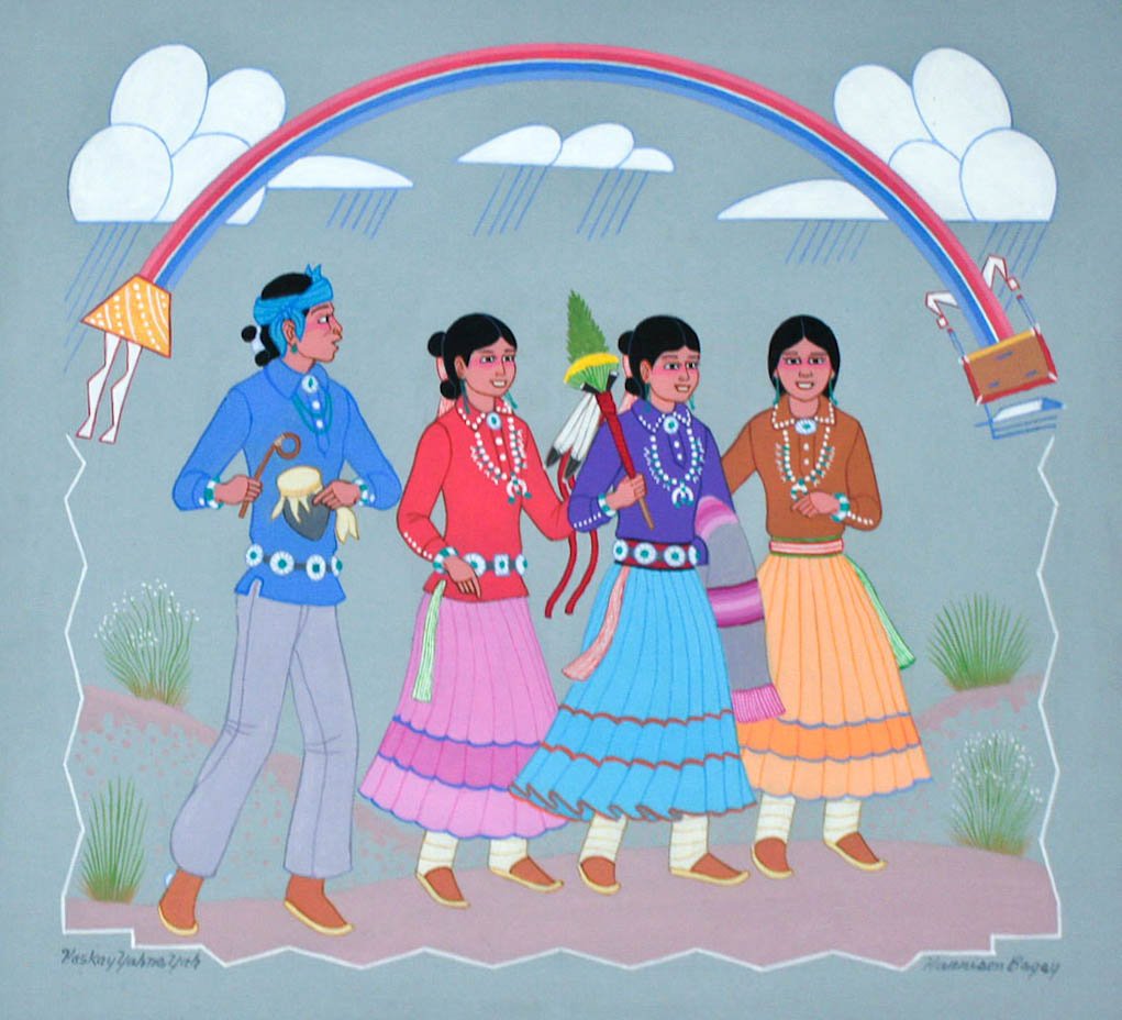 Harrison Begay (1914-2012 Arizona) Four Navajo Figures: Harrison Begay (1914-2012 Arizona) Four Navajo Figures with Kachina Gouache on Paper 12''x12.5''. Total framed size of 19''x19.5''.