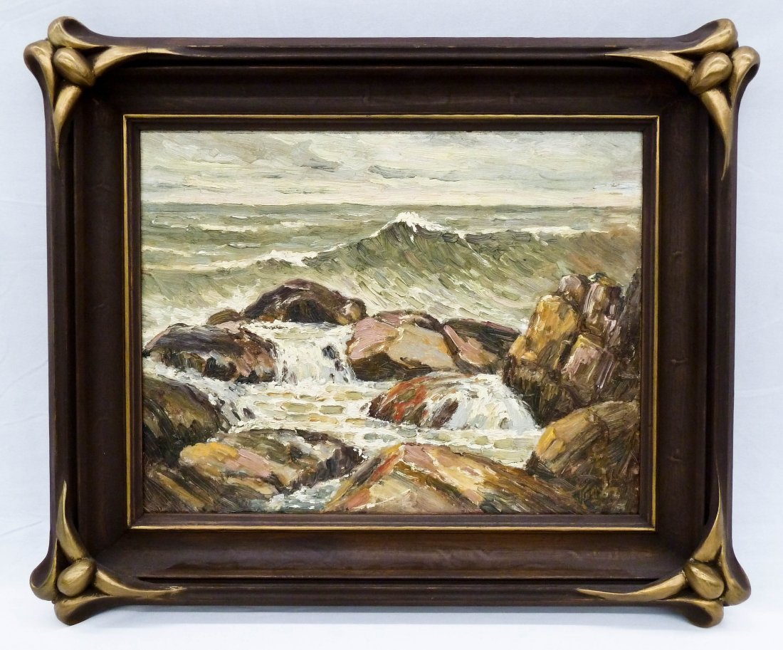 Joseph Edward ''Joe'' Knowles (1869-1942 Washington): Joseph Edward ''Joe'' Knowles (1869-1942 Washington) Untitled Seascape Oil on Canvas 14''x18''. A rare oil painting by this well known printmaker. Comes in a beautiful 3'' batwing frame with a total f