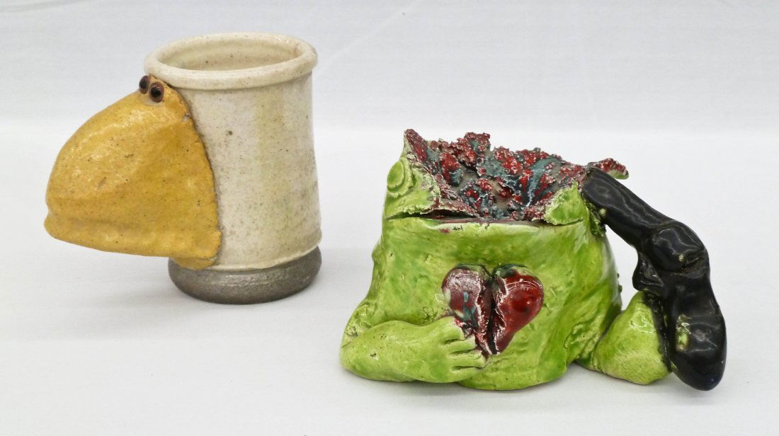David Gilhooly & Clayton Bailey (2) California Funk: David Gilhooly & Clayton Bailey (2) California Funk Studio Pottery Figural Mugs. Includes a Gilhooly (1943-2013) frog suicide dated 1971 mug 3''x5.75'' and a Bailey (b.1939) nose dated 1970 mug 4.25''