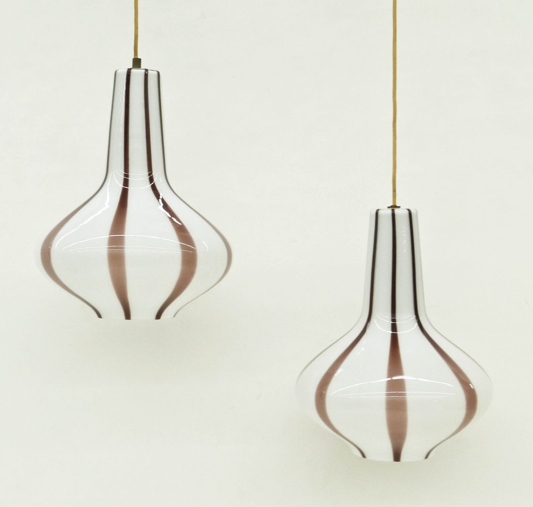 Pair Venini 1960's Hanging Pendant Murano Glass Ceiling: Pair Venini 1960's Hanging Pendant Murano Glass Ceiling Light Fixtures 14''x11'' Each. Amethyst and white striated glass tulip form lightolier. Unsigned with original wiring.