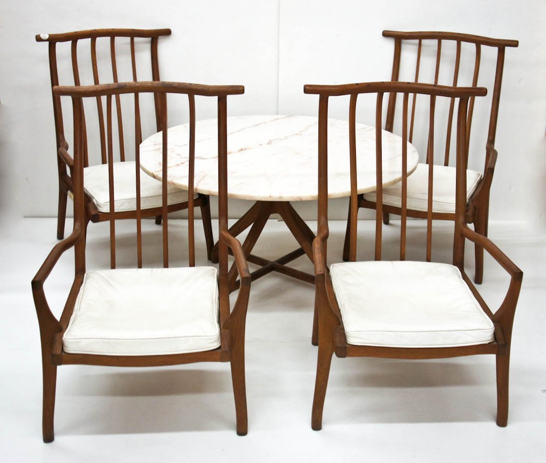 Richard Harrison Custom Design Sculptural Walnut Lounge: Richard Harrison Custom Design Sculptural Walnut Lounge Chair & Table Set. Each piece is hand made of solid walnut. Marble top table measures 20.75''x40'' and each high-back lounge chair is 34''x22''x