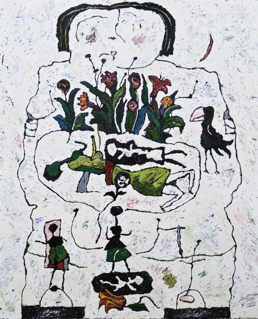 Alden Mason (1919-2013 Washington) ''Shaman's Mother'': Alden Mason (1919-2013 Washington) ''Shaman's Mother'' 1997-99 Large Acrylic on Canvas 60''x50''. Signed, dated, and titled on verso.