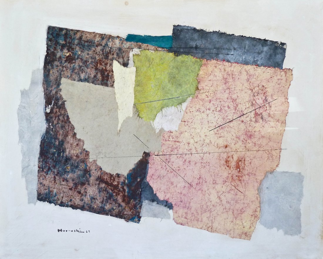 Paul Horiuchi (1906-1999 Washington) ''Autumn: Paul Horiuchi (1906-1999 Washington) ''Autumn Segments'' 1967 Abstract Casein Collage on Canvas 34''x42.5''. Important work that is pictured behind Horiuchi in the famous photograph of him in his art 