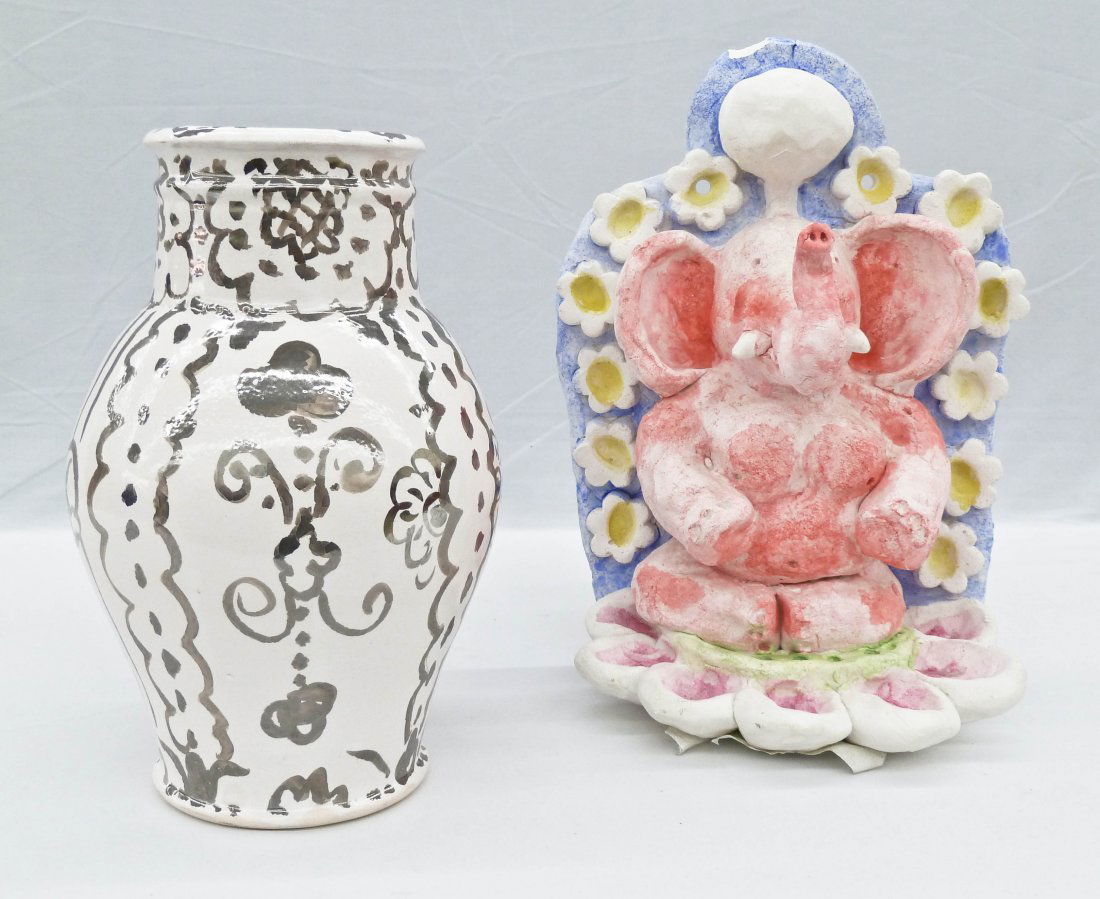 Jeffry Mitchell (20/21st Century Washington) Studio Pot: Jeffry Mitchell (20/21st Century Washington) Studio Pottery Vessel & Sculpture. Includes a ceramic vase 2004 with silver luster glazes 11"x7" and a Ganeesh sculptural elephant plaque 1991 hydrocal wit