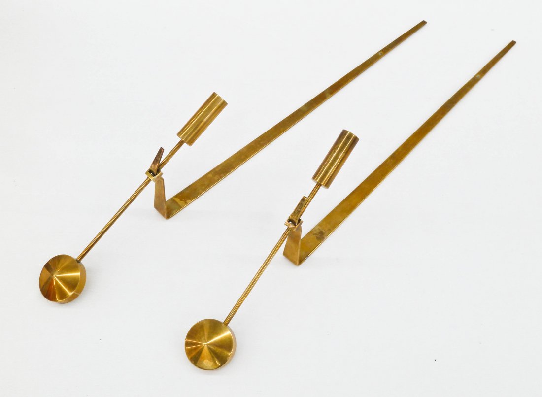Pair Pierre Forssell for Skultuna Swedish Brass Pendulu: Pair Pierre Forssell for Skultuna Swedish Brass Pendulum Hanging Candleholders 19"x1.5" Each. Marked Skultuna 1607 Sweden P. Forssell.