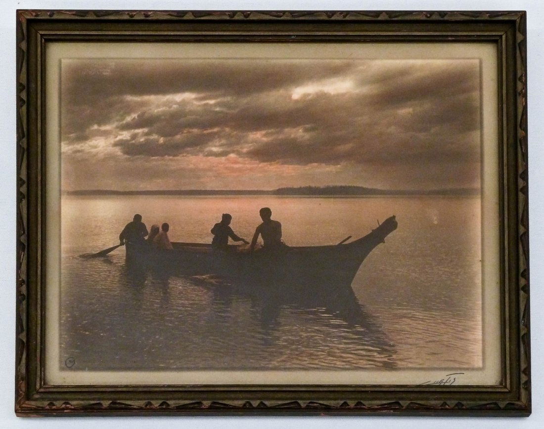 Edward S. Curtis (1868-1952 WA/CA) "Homeward" Platinum: Edward S. Curtis (1868-1952 WA/CA) "Homeward" Platinum Border Print 6.5"x8.5" Sheet. An original ink signed photograph with its original paper title label on verso. Hand tinted by Clyde Banks, noted n