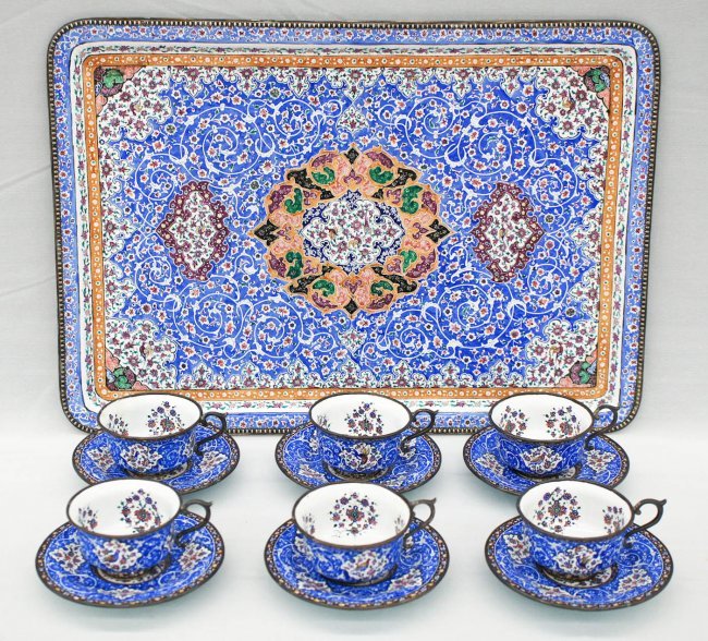 Antique Persian Silver & Enamel Demitasse Tea Set.: Antique Persian Silver & Enamel Demitasse Tea Set. Includes service tray 13.25''x9.25'' and six matching demitasse cup and saucers 1.75''x3.5'' each. Finely enameled in polychrome coloring with birds
