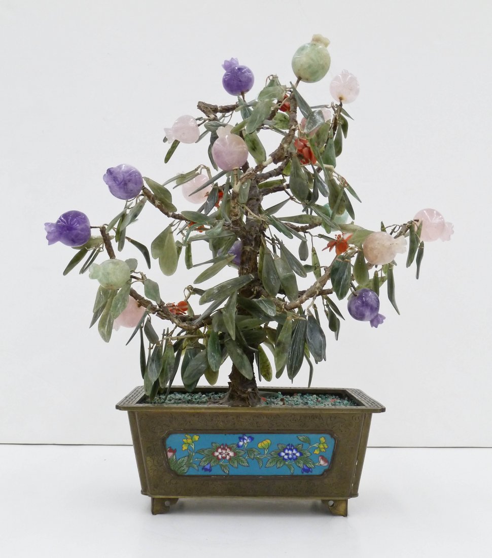 Antique Chinese Jade Tree in Cloisonne Flower Pot: Antique Chinese Jade Tree in Cloisonne Flower Pot 16.75''x15''. Consists of carved spinach jade leaves with rose quartz and amethyst pomegranates. Small clusters of carved coral as well. Late Qing dyn