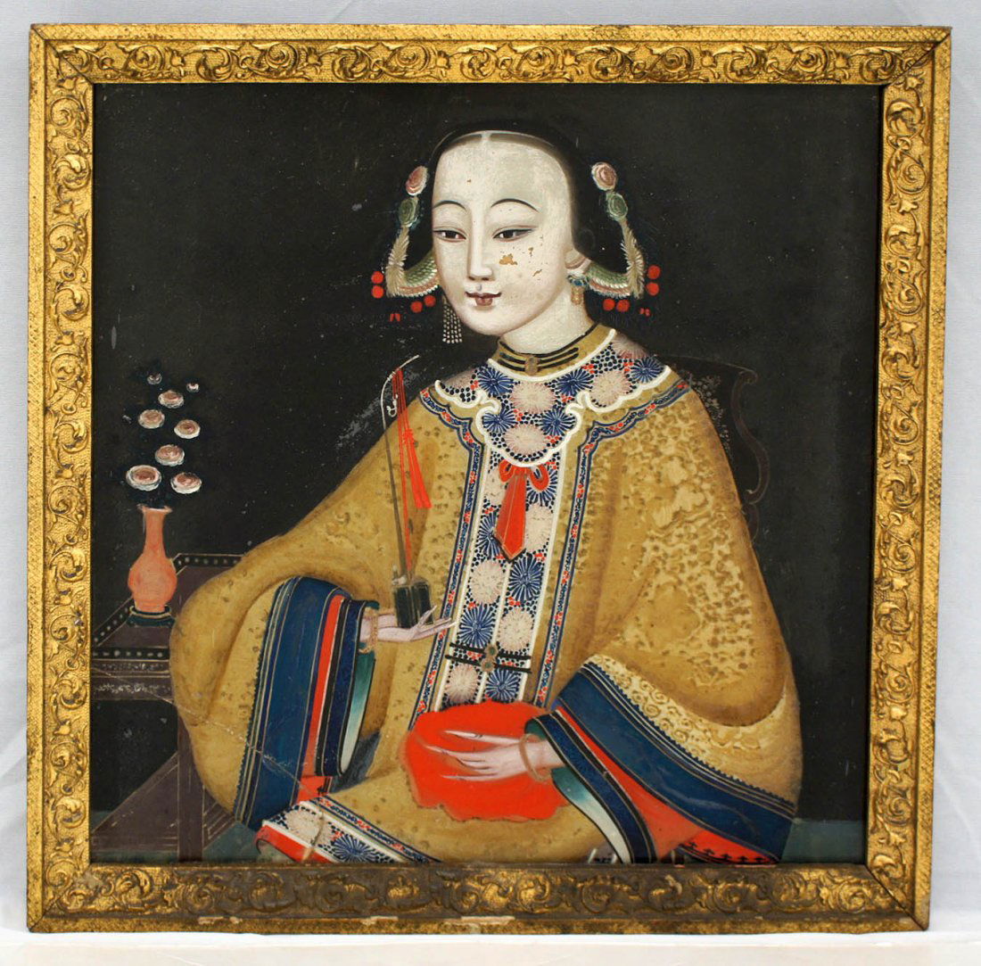 Antique Chinese Reverse Glass Painting of Young Woman: Antique Chinese Reverse Glass Painting of Young Woman 16.25''x15.5'' Framed. Depicts seated young woman in polychrome paint holding an opium pipe. Crack to lower left corner and some paint loss. Qing
