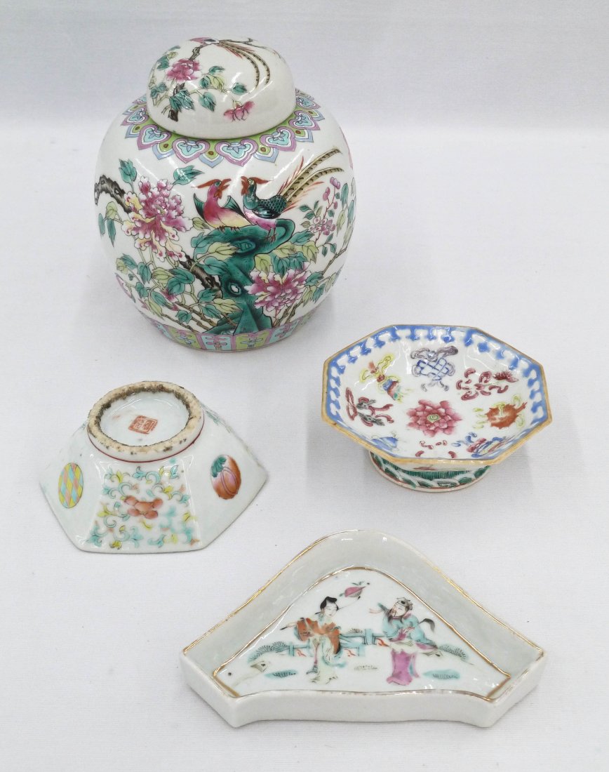4pc Antique Chinese Famille Rose Porcelain. Includes: 4pc Antique Chinese Famille Rose Porcelain. Includes pheasant ginger jar 5.75''x5'', eight buddhist precious symbols pedestal dish 4''x4'', shou symbol small dish 4''x3.5'', and corner dish 3.5''x5.25