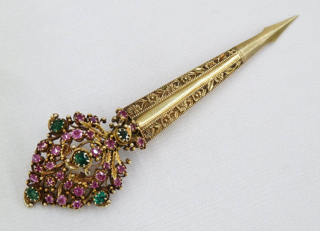 Antique Renaissance Revival 14k Emerald & Ruby Hair: Antique Renaissance Revival 14k Emerald & Ruby Hair Piece 5.5''x1.5''. Tested 14k filigree work and sheath. Contains (5) emeralds and (28) rubies of unknown size. It weighs a total of 29.3 grams. Esta