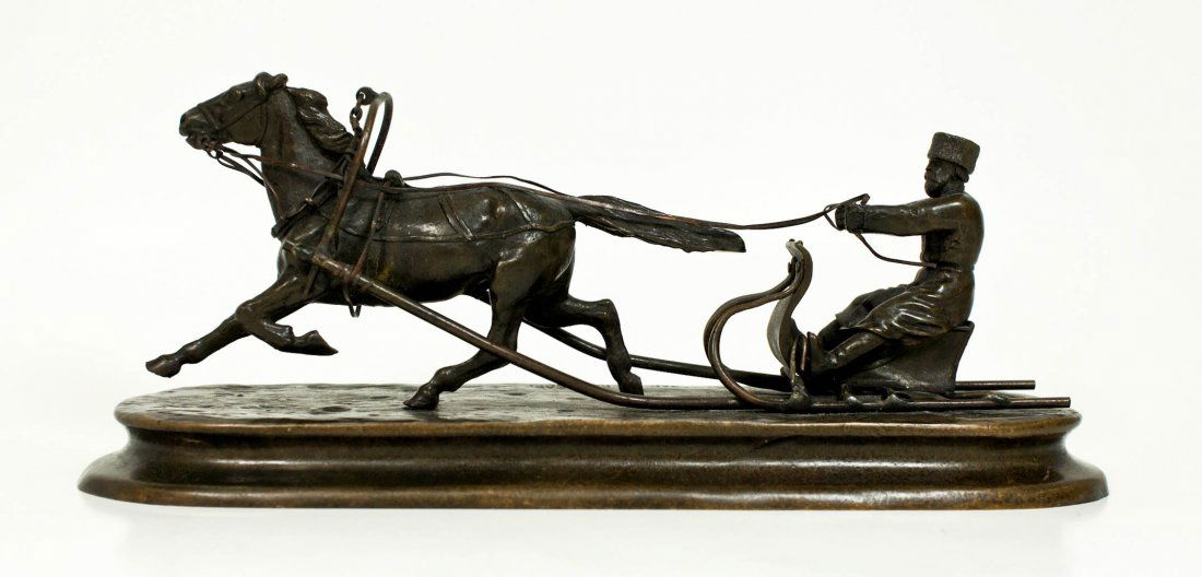 Vassili Grachev (1831-1905 Russian Federation) ''Sleigh: Vassili Grachev (1831-1905 Russian Federation) ''Sleigh Ride'' Bronze Sculpture 3.75''x9.25''. Antique bronze with ''Fabr. C.F. Woerffel St. Petersberg'' foundry mark on side.