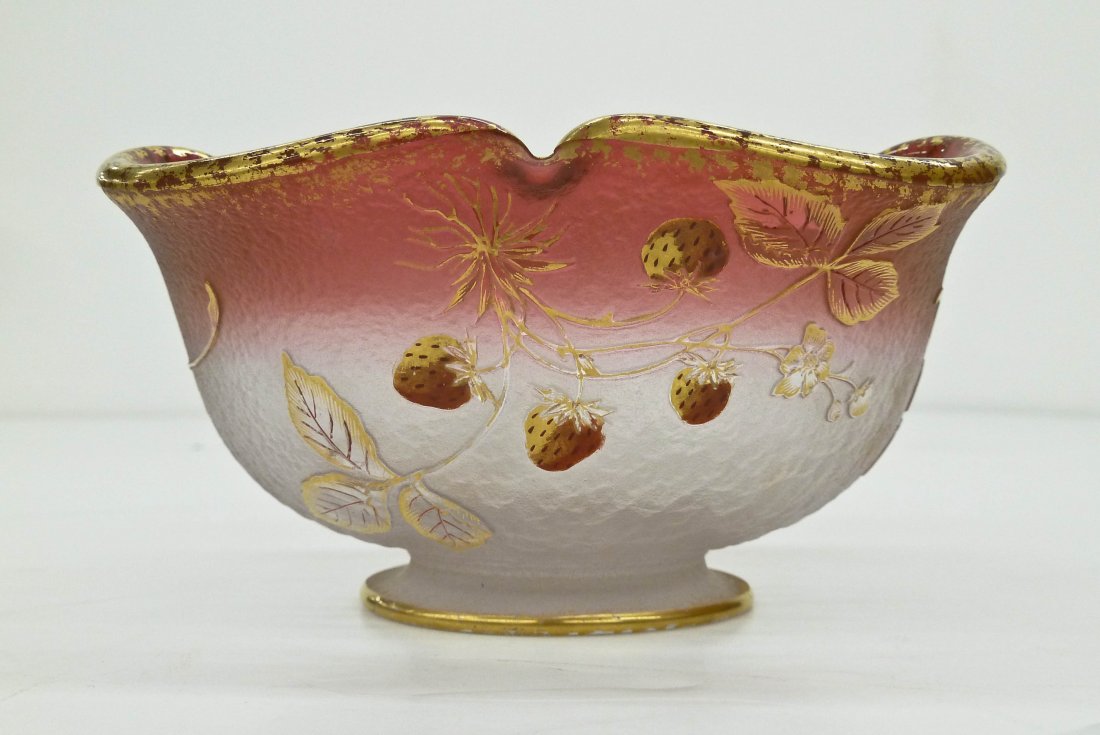 Daum Nancy Gilt Strawberry Acid Cut Quatrefoil Glass: Daum Nancy Gilt Strawberry Acid Cut Quatrefoil Glass Bowl 2.5''x5.5''. Clear to cranberry red coloring. Signed in gold enamel ''Daum Nancy'' on bottom. Small flea bite to bottom rim.