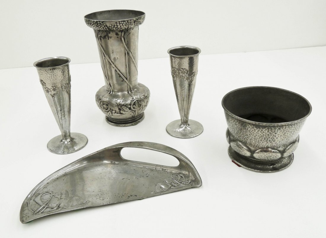 5pc Archibald Knox Tudric Pewter by Liberty & Co.: 5pc Archibald Knox Tudric Pewter by Liberty & Co. Includes an arts and crafts floral form 0763 vase 8''x4.25'', a pair of floral form 0821 vases 6''x2.25'', a handled form 0532 silent butler's tray 4.